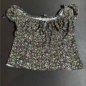 Love Tree Black Floral Smocked Off-Shoulder Crop Top Cottagecore Vintage